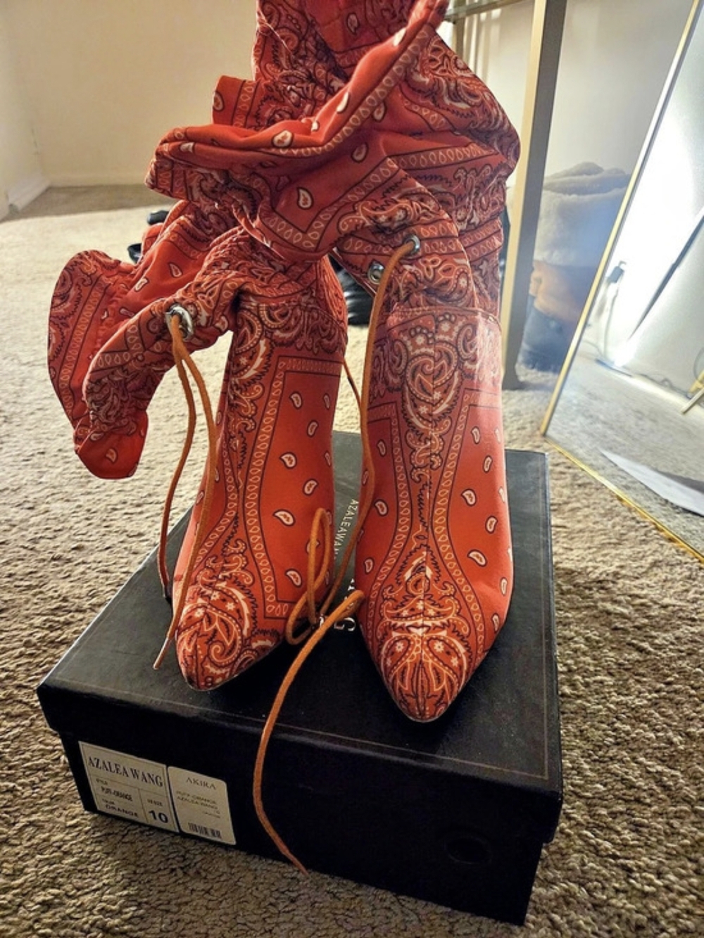 Azalea Wang Puff Orange Bandana Stiletto Booties Paisley Red US 10